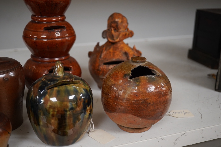 A group of ten various 19th century stoneware money boxes, tallest 19cm. Condition - varies